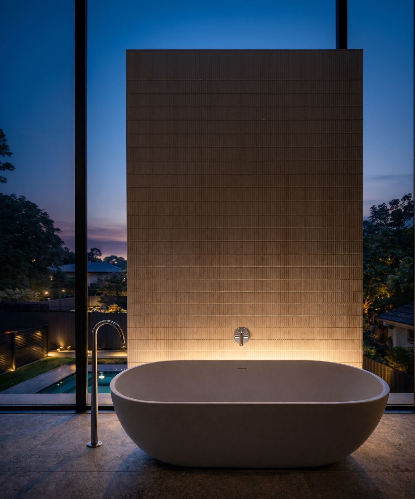 Camberwell custom home ensuite at dusk, Varcon Group