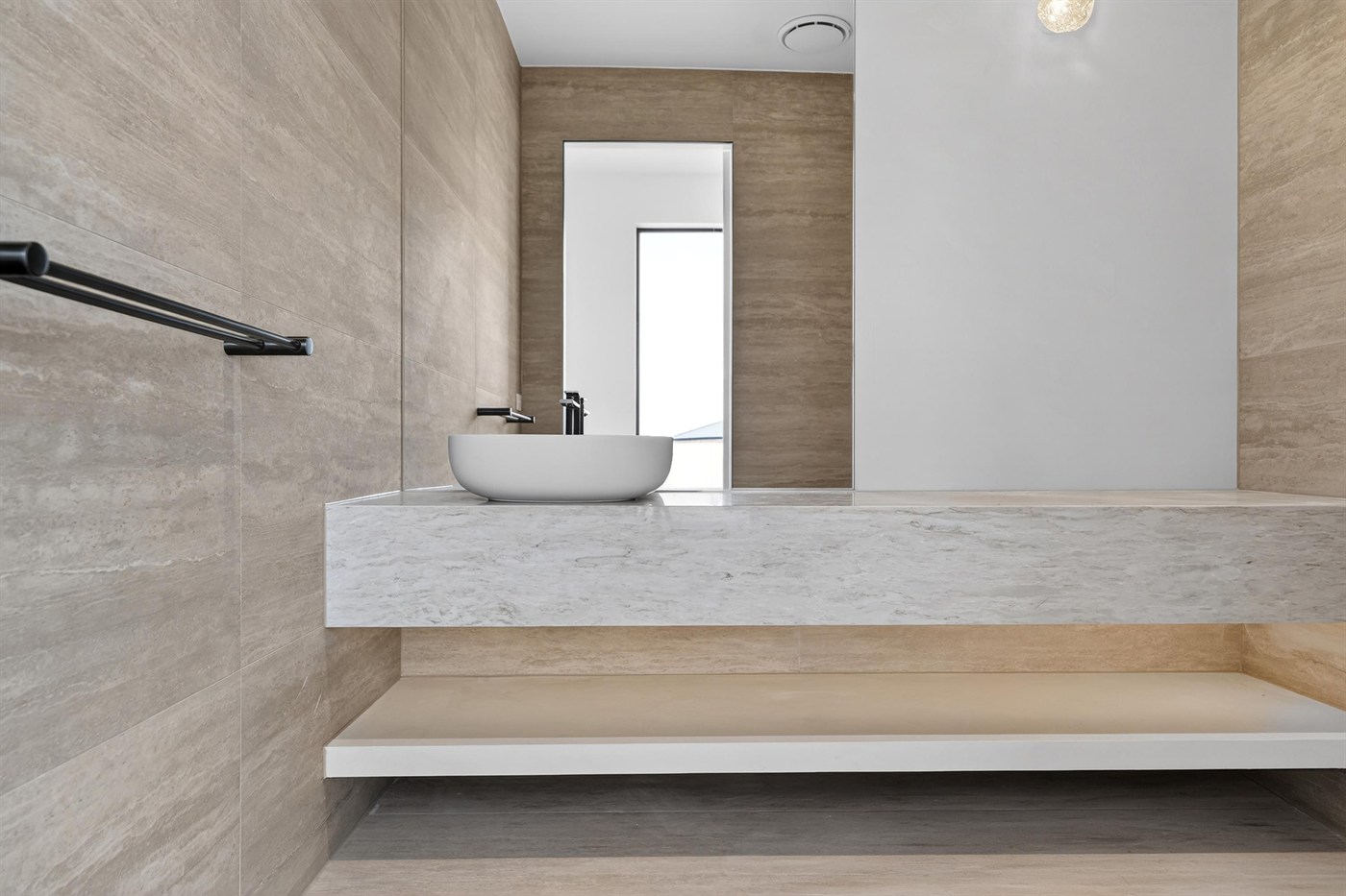 Varcon Group custom home, marble floating vanity detail, Essendon