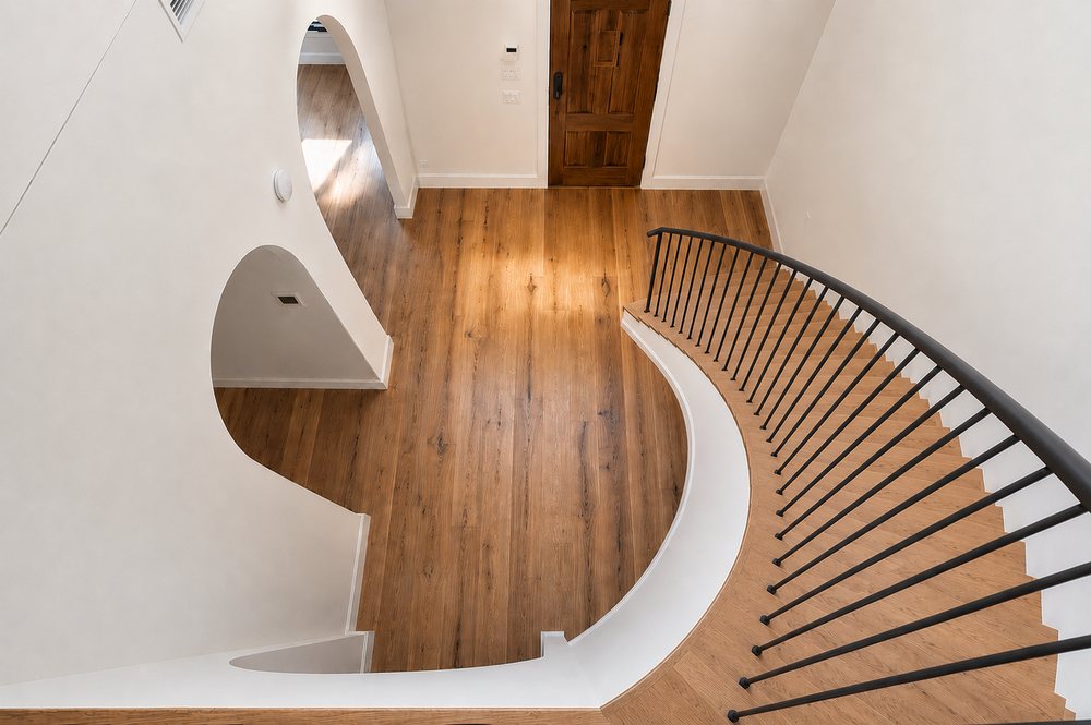 Varcon Group custom home, aerial view of curved staircase, Mont Albert