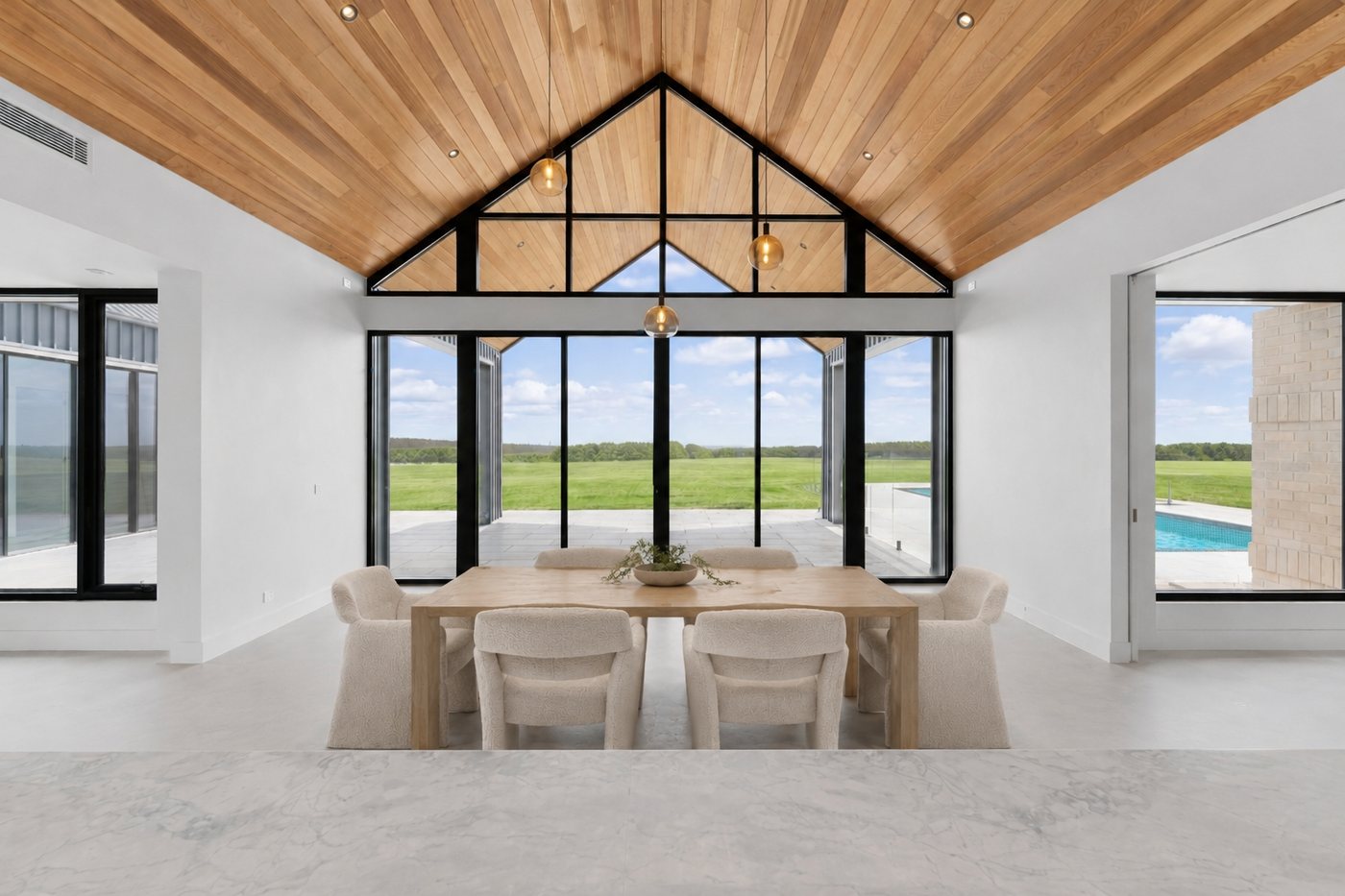 Varcon Group custom home, vaulted dining room with indoor-outdoor connection, Musk