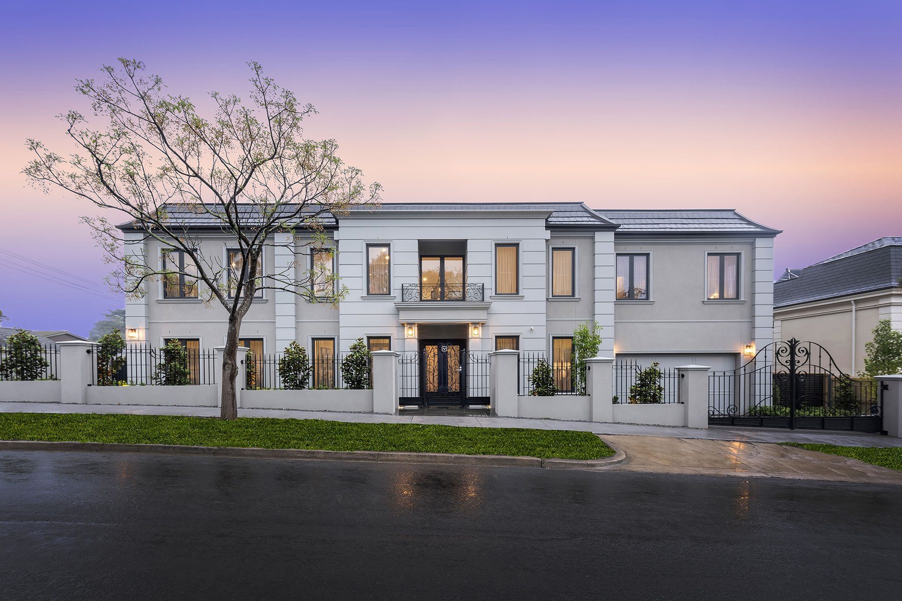 Balwyn North French Provincial custom home, facade with classical proportion and refined materiality