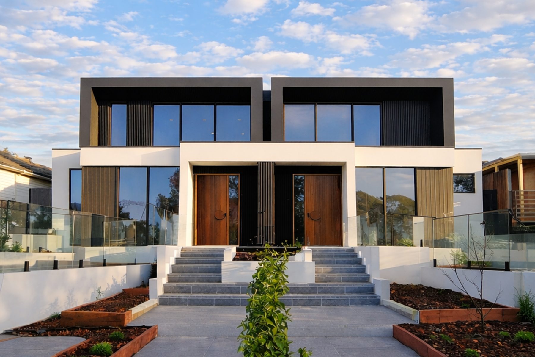 Balwyn North custom home, front facade with restrained cladding palette
