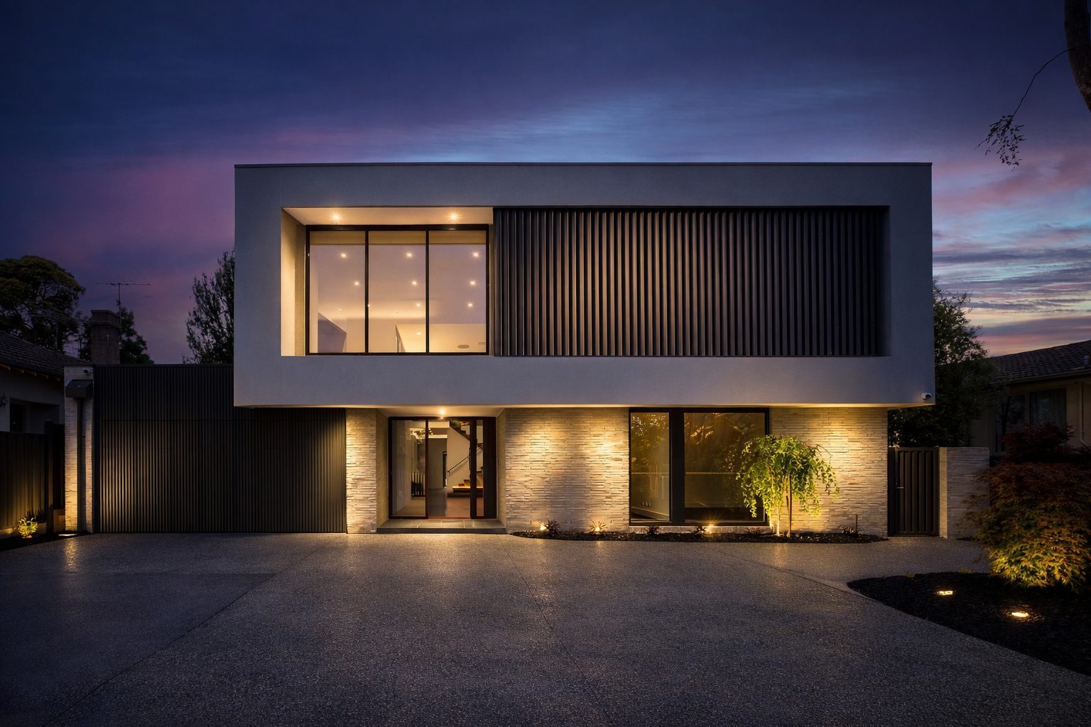 Camberwell custom home facade, clean lines and natural stone