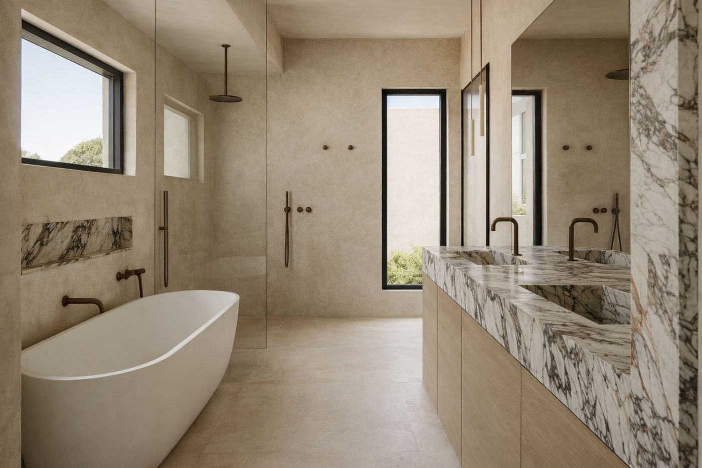 Varcon custom home bathroom, Glen Iris, twin marble basins and freestanding bath