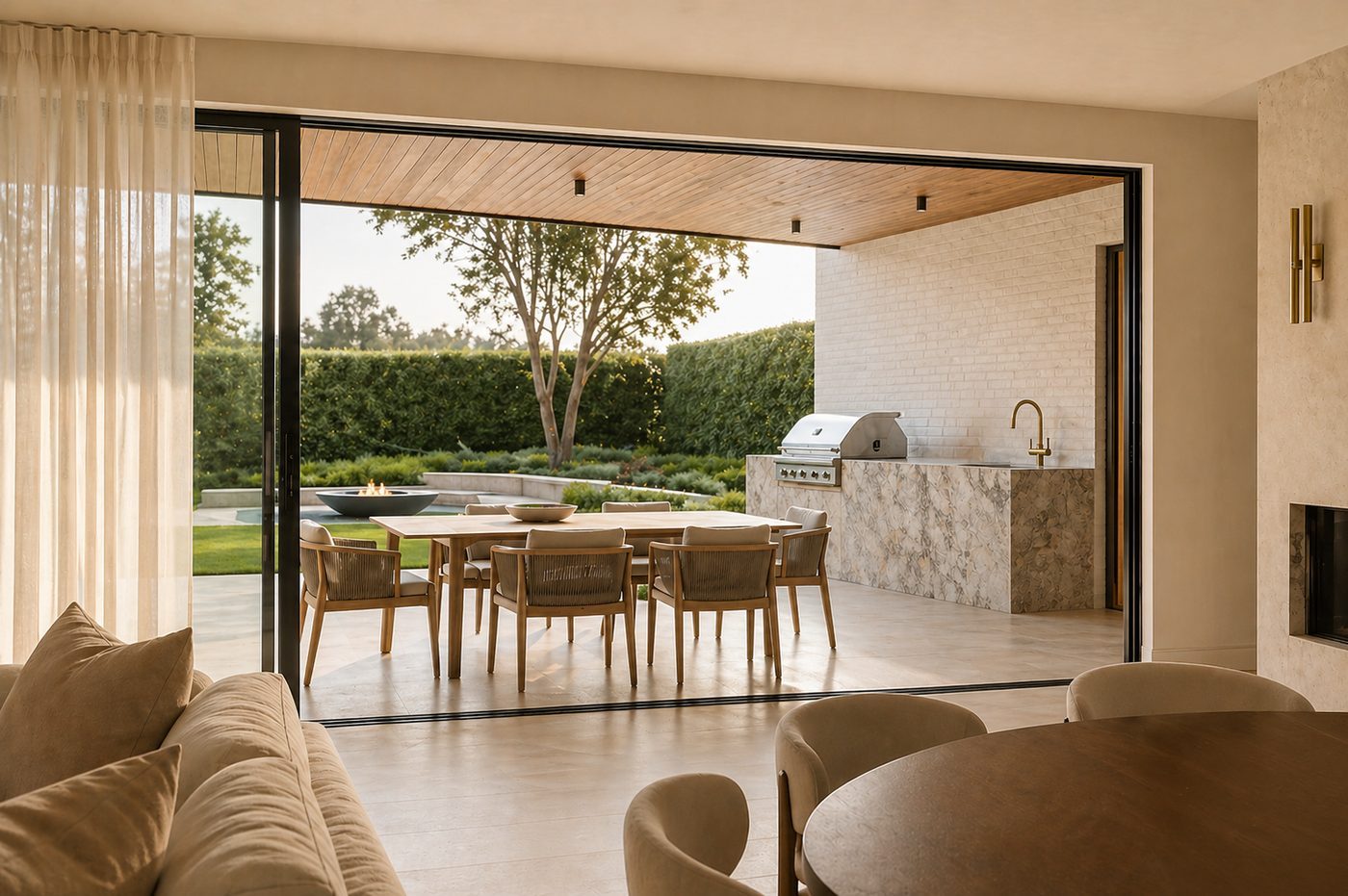 Open living and dining area with a covered outdoor kitchen, a custom home by Varcon in Glen Iris