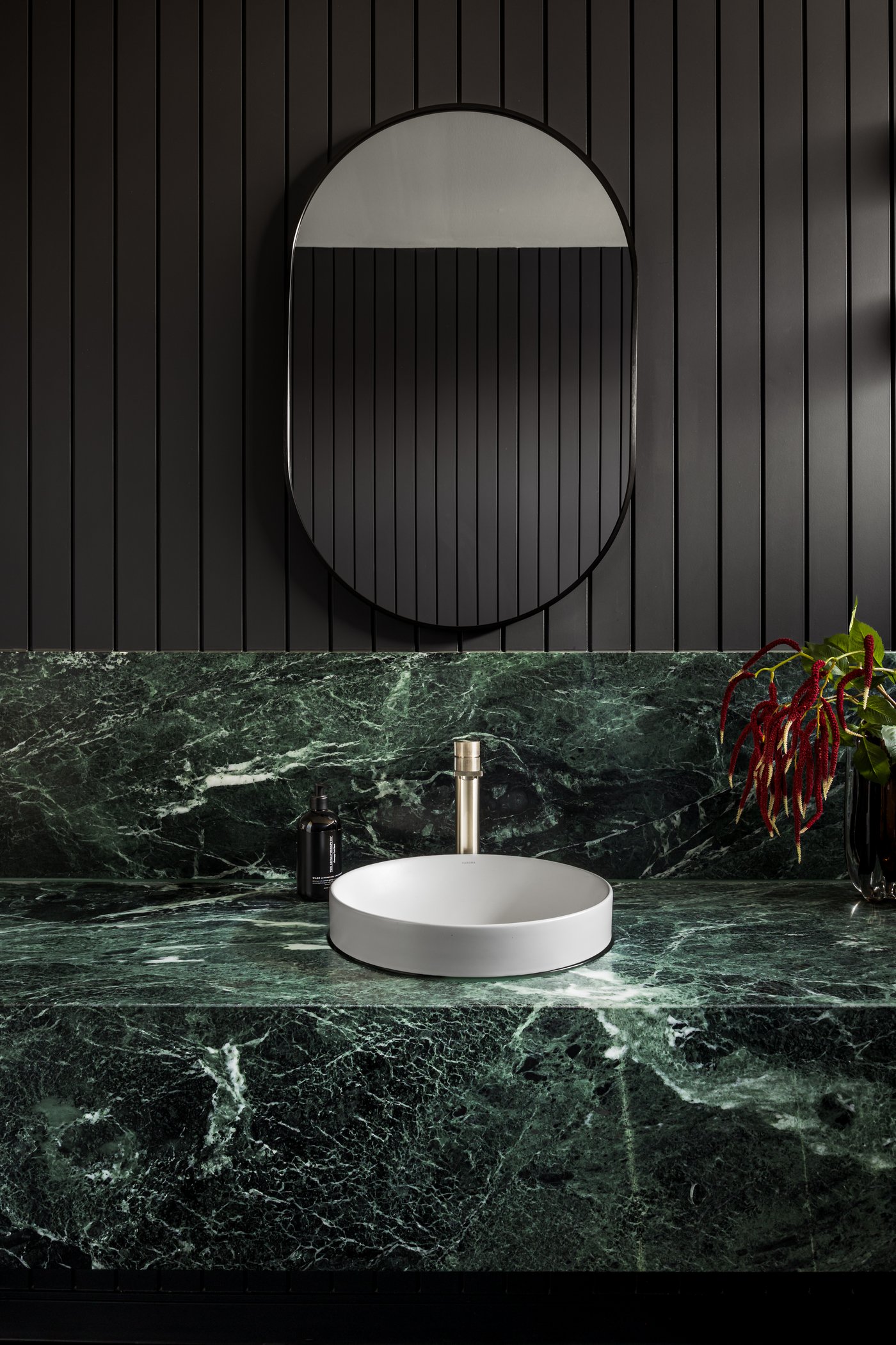 Varcon display home ensuite vanity, Mont Albert North, green marble stone and considered fixtures