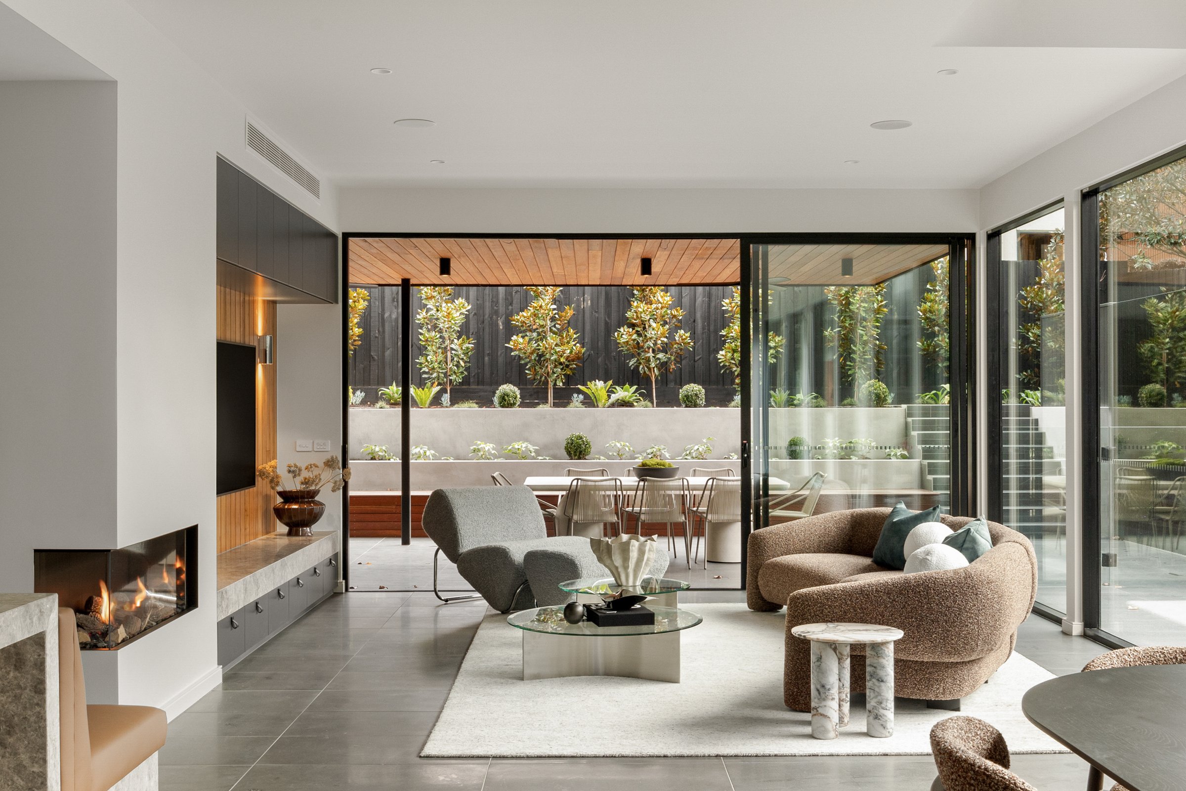 Varcon display home open-plan living and dining, Mont Albert North, seamless connection to outdoor entertaining