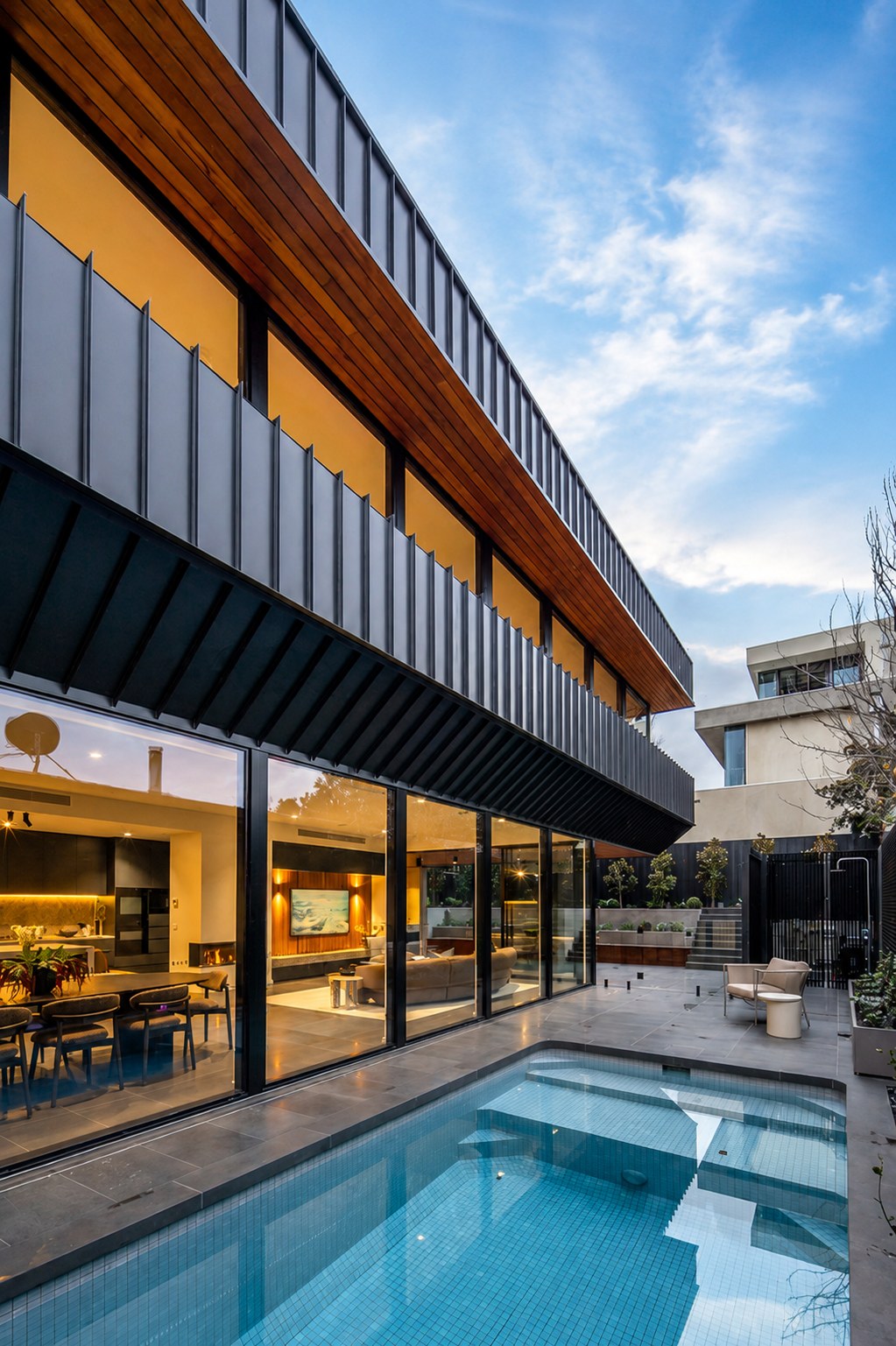 Varcon display home rear exterior and pool at dusk, Mont Albert North, architectural facade with pool