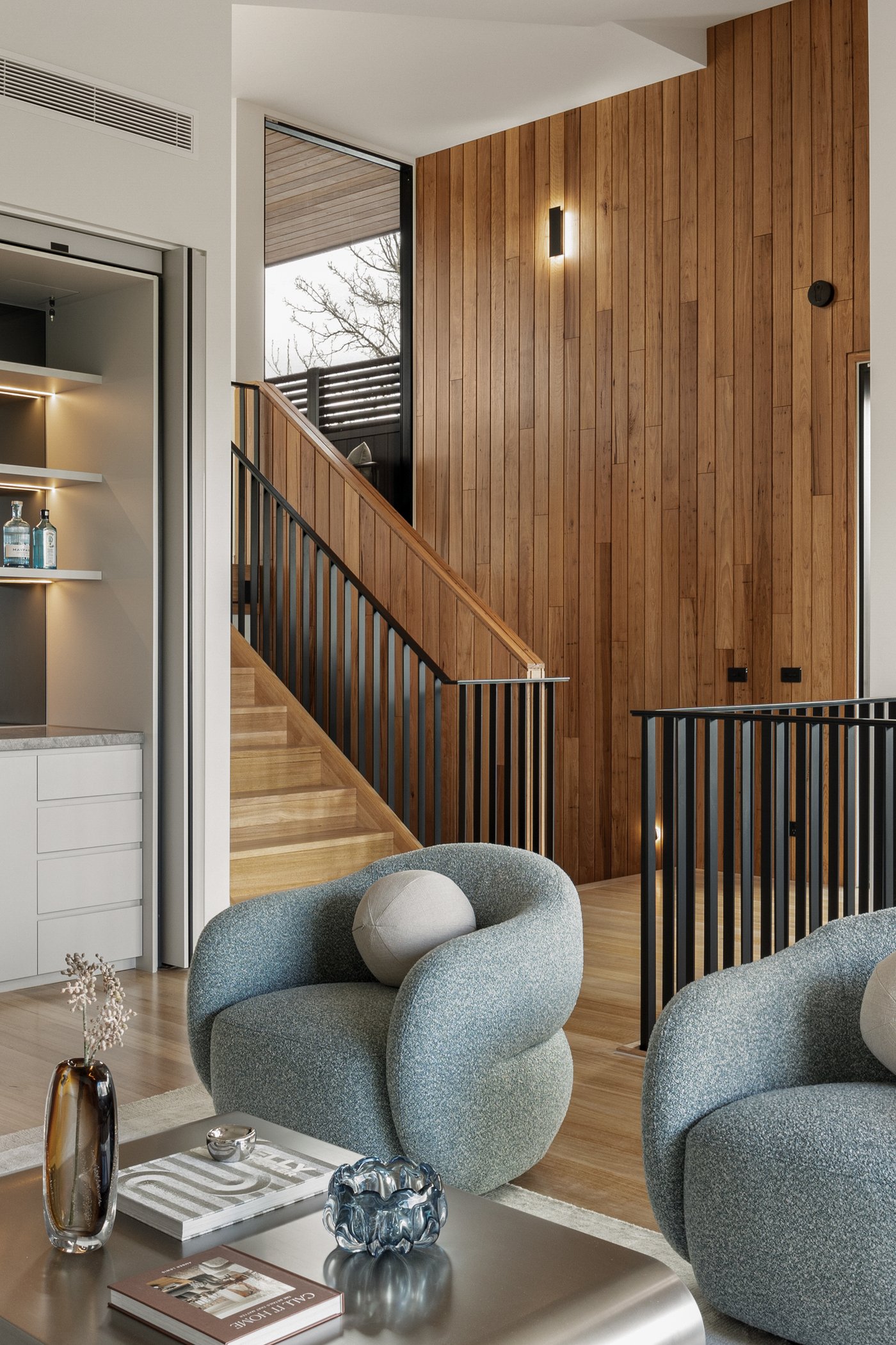 Varcon display home upstairs living area and staircase, Mont Albert North, timber panelling and custom finishes